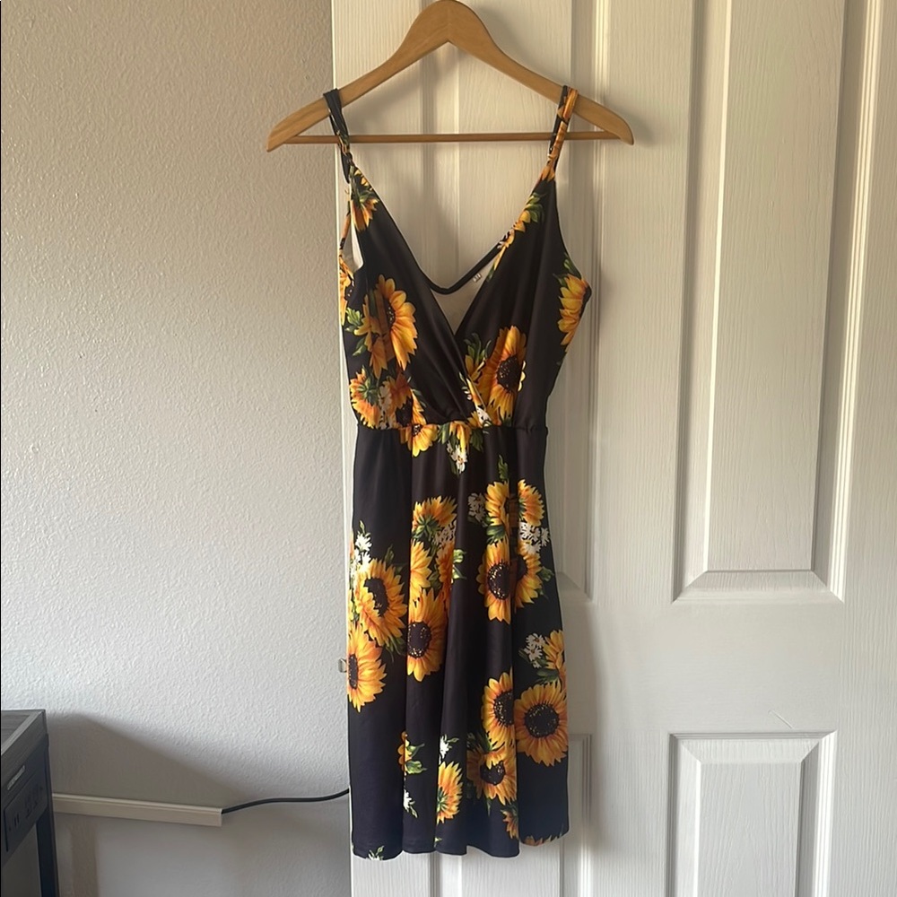 Sunflower Print Black Dress
